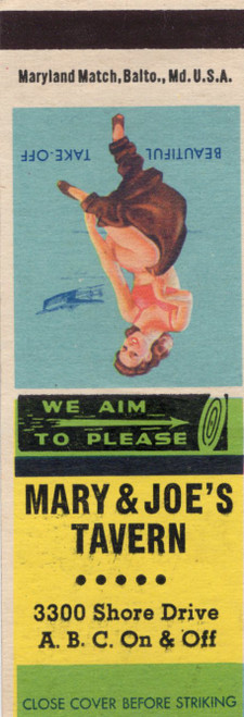 Vintage Beautiful Take Off pin up matchcover Mary and Joes Tavern 3300 Shore Drive Maryland Match Balto Md