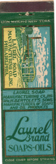 Vintage Laurel Soap Manufacturing matchbook Philadelphia Pennsylvania with factory illustration and textile industrial product advertising
