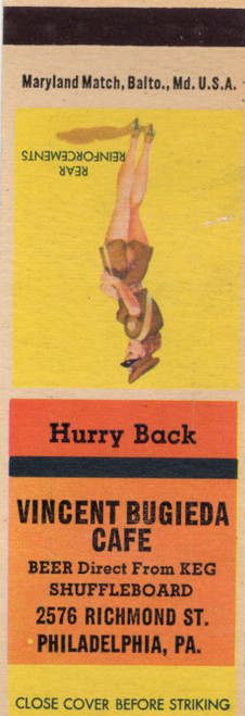Vintage pin up matchbook Rear Reinforcements Vincent Bugieda Cafe Philadelphia
