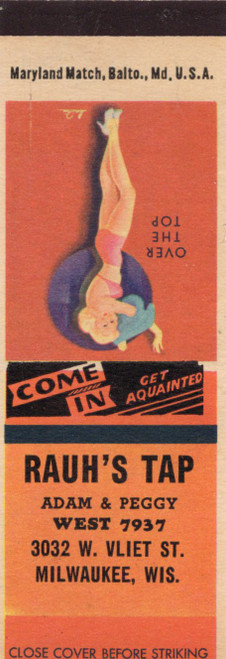 Vintage Rauhs Tap Milwaukee WI matchcover with Over The Top pin up illustration