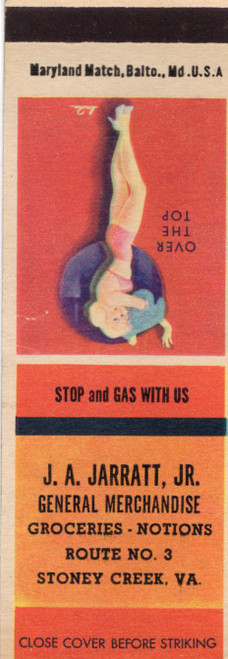 Vintage J A Jarratt Jr Stoney Creek Virginia matchcover with Over The Top pin up artwork