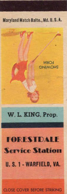 Vintage Forestdale Service Station Warfield Virginia U S 1 matchcover with Showing Form pin up artwork