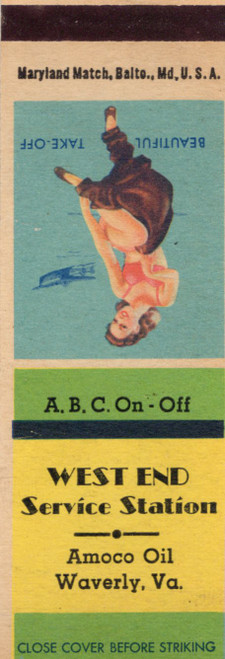 Vintage West End Service Station Waverly Virginia Amoco Oil matchcover with Beautiful Take Off pin up artwork