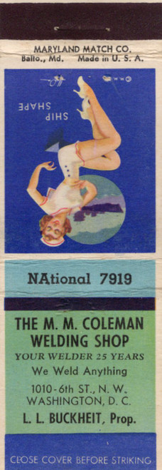 Vintage Ship Shape pin up matchcover M M Coleman Welding Shop Washington DC Maryland Match