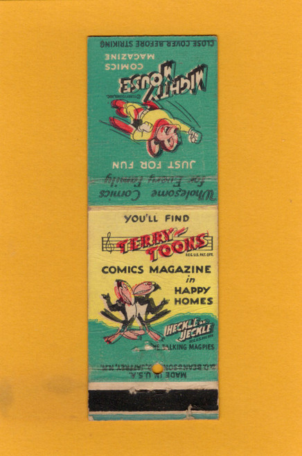 Vintage Terry Toons matchbook featuring Mighty Mouse and Heckle and Jeckle Comics Magazine promotion