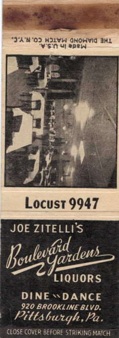 Vintage Joe Zitelli Boulevard Gardens matchbook Pittsburgh PA Brookline Blvd dine and dance