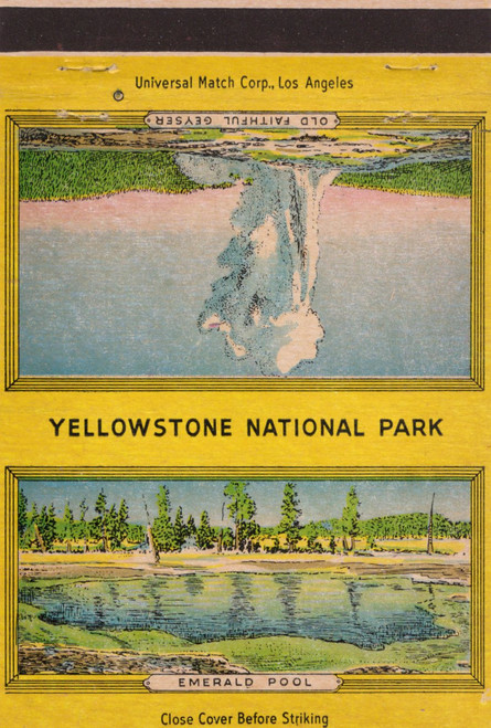 Vintage Yellowstone National Park Royal Flash billboard matchcover Emerald Pool Grotto Geyser illustration