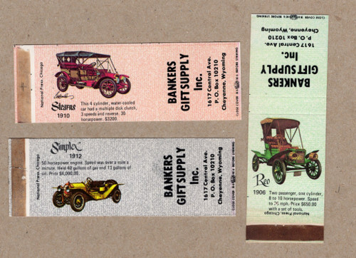 Vintage Bankers Gift Supply Matchbook Covers Set of 3 Cheyenne WY Antique Automobile Series