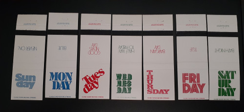 Set of seven 1977 Ohio Match Company Days of the Week matchbook covers with retro typography