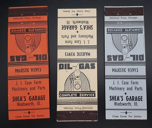 Sheas Garage Wadsworth Illinois matchbook cover set showing three color variations and Expert Auto Repair illustration