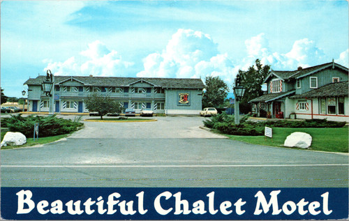 Beautiful Chalet Motel Mequon Wisconsin postcard showing chalet style motel buildings and parking area