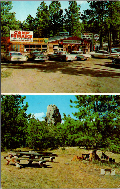 Vintage postcard of Rushmore Camp Ground near Mt Rushmore South Dakota showing camp entrance and campsite