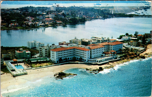 Vintage 1954 postcard aerial view of Condado Beach Hotel San Juan Puerto Rico beachfront
