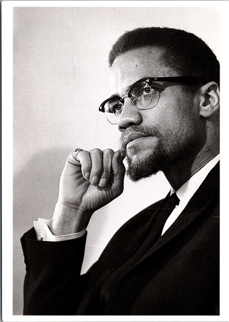 Black and white Malcolm X portrait postcard printed in Korea card 2140