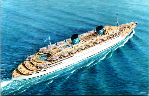 Vintage postcard showing aerial view of R.H.M.S. Queen Frederica cruise ship at sea operated by Chandris Lines