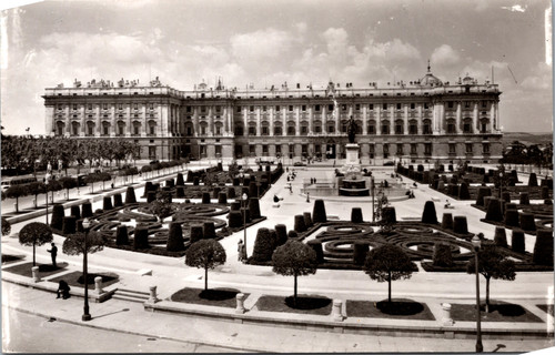 Vintage RPPC Plaza de Oriente Royal Palace Madrid formal gardens