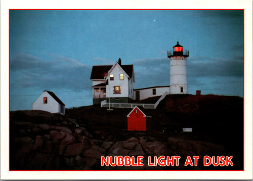Nubble Light Cape Neddick lighthouse at dusk York Beach Maine postcard