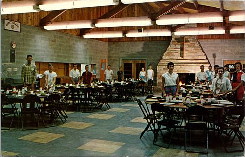 Dining Hall at Pilgrim Haven South Haven Michigan postcard interior fireplace and tables