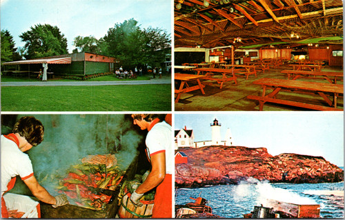 Vintage chrome postcard Bill Foster Down East Clam Bake York Harbor Maine showing restaurant exterior interior lobster bake and Nubble Lighthouse