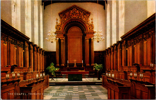 Interior of Trinity College Chapel Cambridge England altar choir stalls Salmon Cameracolour postcard