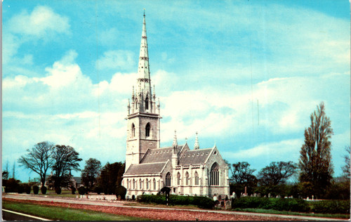 Vintage postcard The Marble Church Bodelwyddan Wales tall church spire
