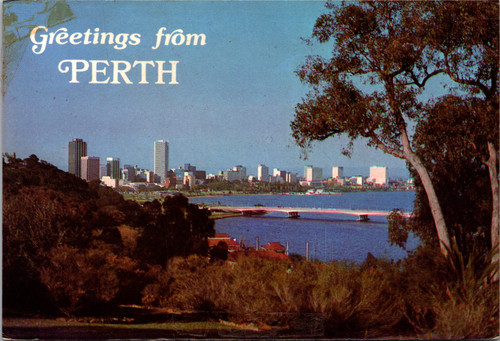 Vintage Perth Western Australia postcard skyline and Narrows Bridge