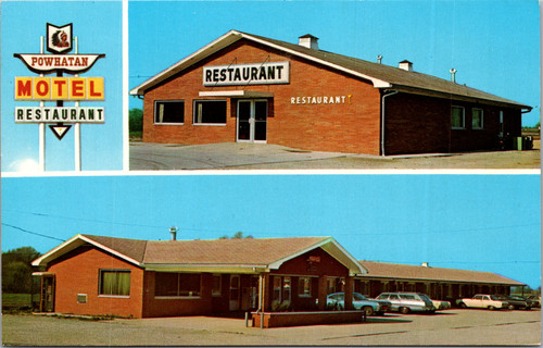 Vintage Powhatan Motel and Restaurant Pocahontas Illinois chrome postcard with roadside sign and motel exterior