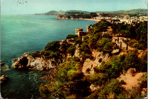Vintage postcard of Lloret de Mar Costa Brava Spain showing panoramic coastal cliffs and sea