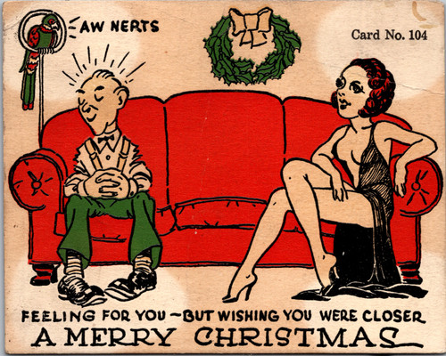 Vintage Christmas postcard showing flapper woman and bald man on red sofa with Aw Nerts parrot humorous illustration