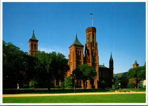 1990 chrome postcard of Smithsonian Institution Building Castle Washington DC red sandstone towers