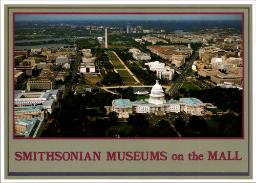 Chrome postcard aerial view Smithsonian Museums on the Mall Washington DC Capitol and Washington Monument