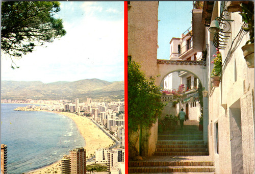 1969 postcard of Benidorm Spain showing panoramic beach skyline and old town street scene with Spanish stamps