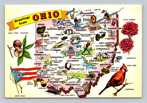 Greetings From Ohio illustrated map Buckeye State postcard