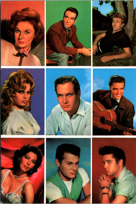 1991 Hollywood movie stars collage postcard featuring James Dean Elvis Presley Paul Newman and others