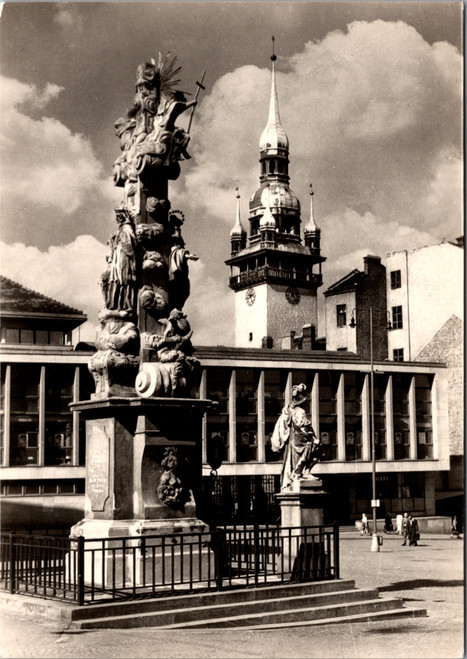 Vintage real photo postcard of Brno Old Town Hall tower and monument in city square