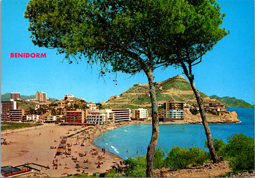 Vintage postcard of Benidorm Alicante Spain showing Cala de Finestrat cove and Mediterranean coastline