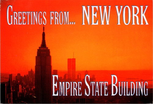 Vintage chrome postcard Greetings from New York Empire State Building sunset skyline