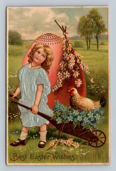 Antique Easter postcard showing girl with wheelbarrow of flowers and chicken beside large Easter egg