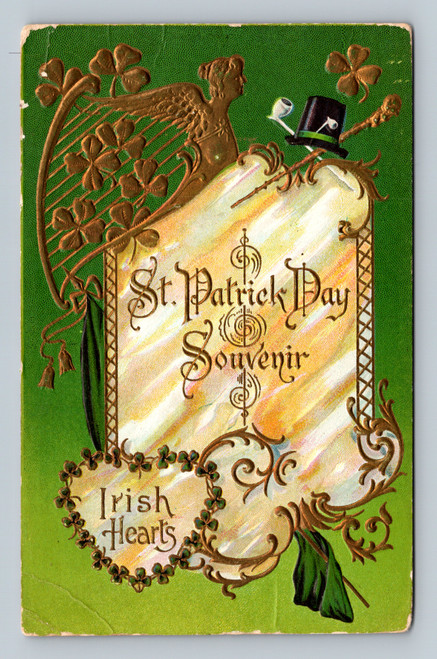 Antique St Patricks Day postcard with embossed Irish harp shamrocks and Irish Hearts design