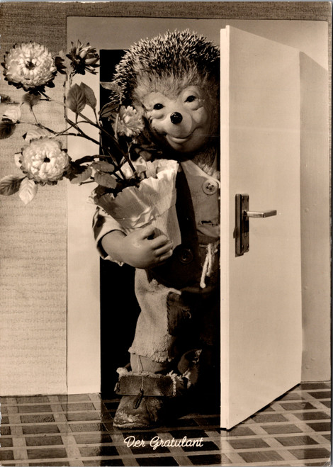 Vintage Mecki Der Gratulant real photo postcard featuring hedgehog character holding flowers