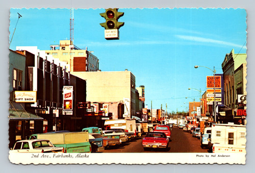 2nd avenue fairbanks alaska vintage street scene postcard with cars and storefronts