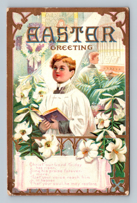 Antique Easter greeting postcard showing choir boy with hymnal and church organist surrounded by Easter lilies