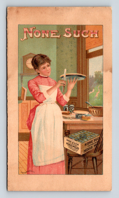 None Such Condensed Mince Meat antique Victorian trade card pamphlet front with woman in kitchen