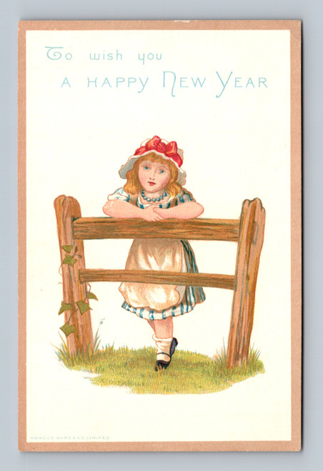 Victorian New Year greeting card girl leaning on fence Marcus Ward