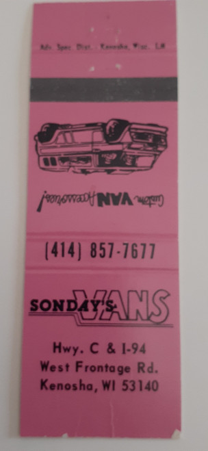 Vintage Sundays Vans Kenosha Wisconsin custom van accessories matchbook cover