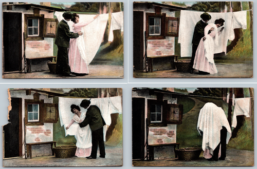 antique romantic comic postcard set laundry scene sequence four cards