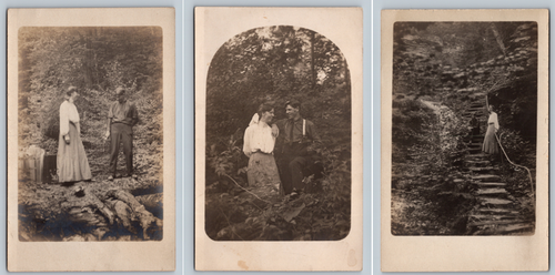RPPC Couple Hiking Woodland Waterfall Stone Steps Three card set