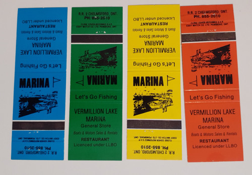 Blue, green, yellow and orange matchbook covers for Vermillion Lake Marina in Chelmsford Ontario