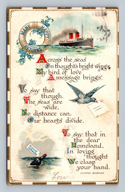 antique postcard across the seas clifton bingham ship nautical