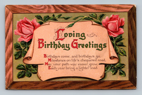 embossed birthday postcard wood frame roses antique design